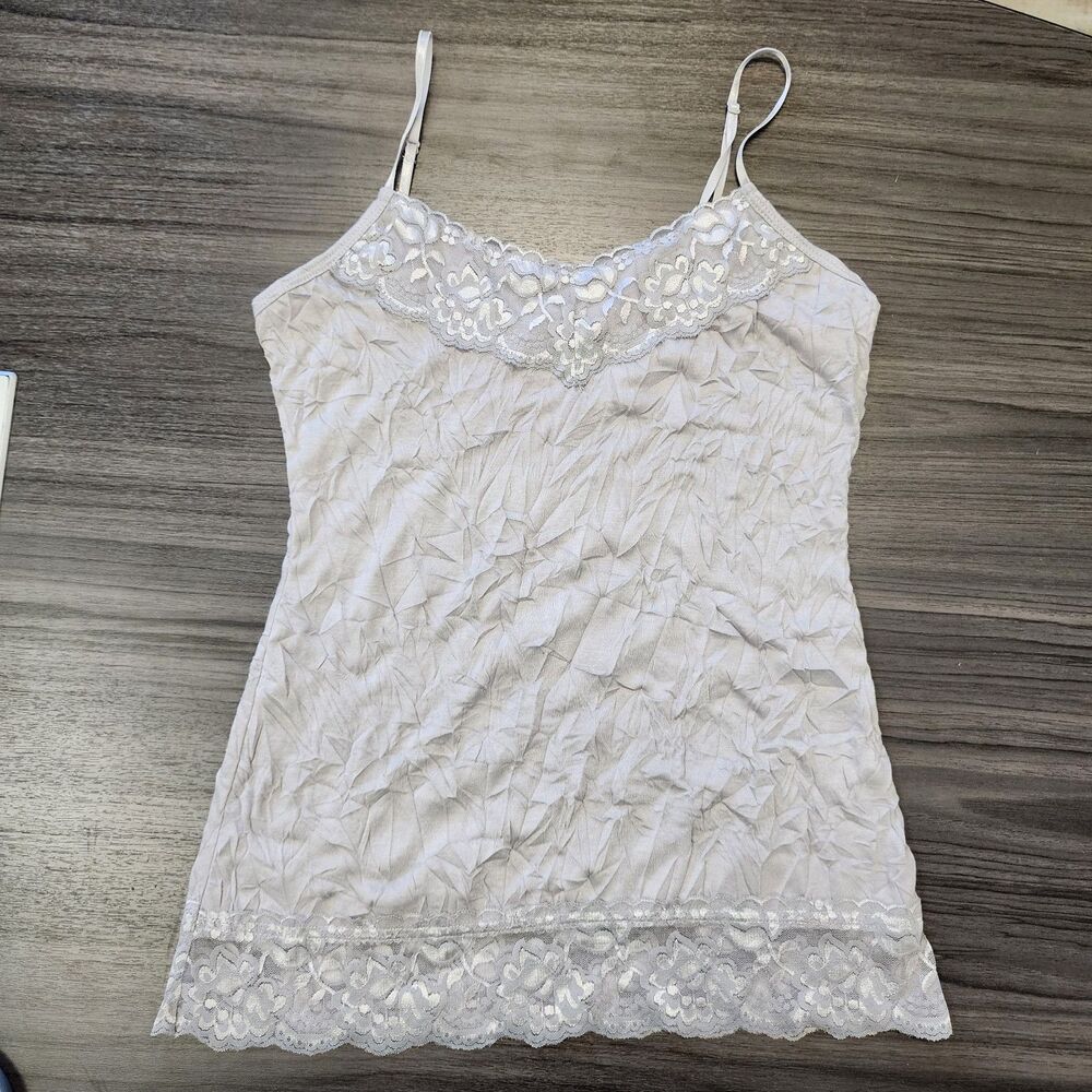 Maurices y2k Babydoll Cami Tank Top Lace Trim Crinkle Fairy Light Gray Sz Small